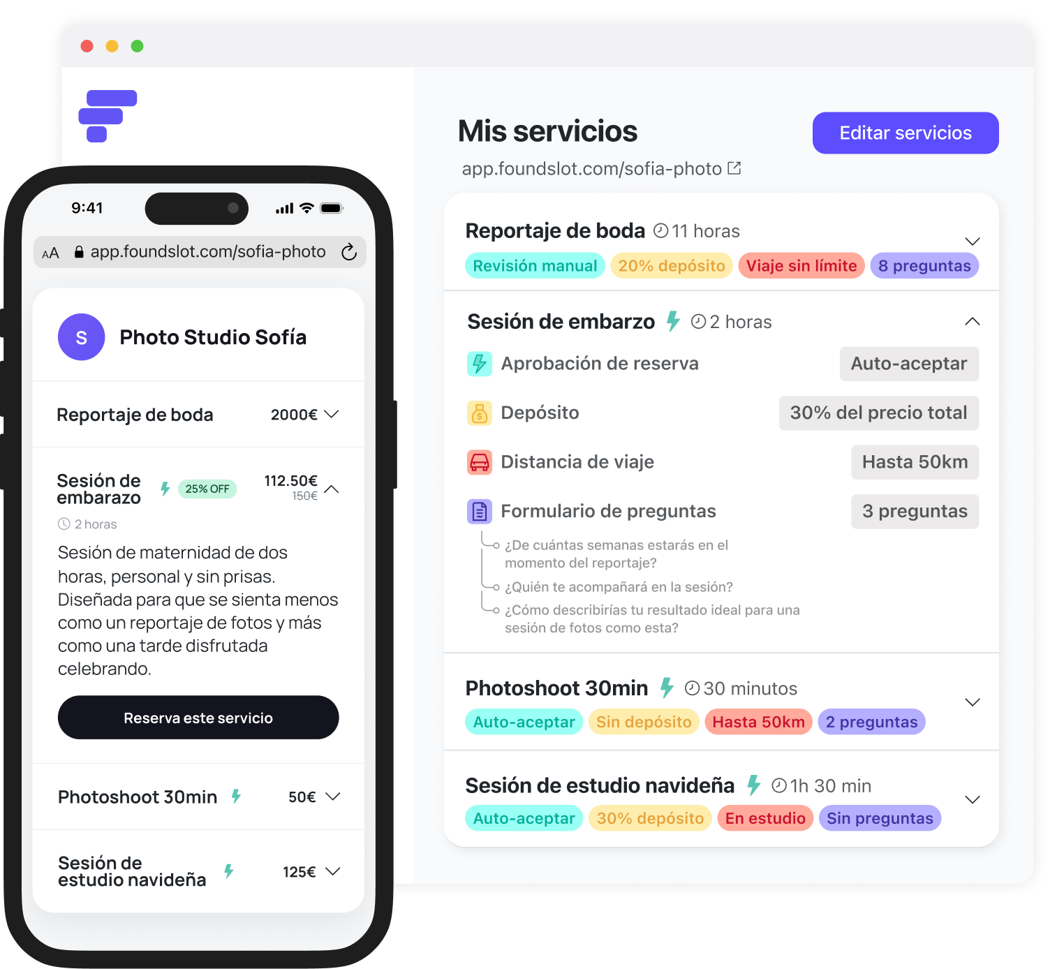 Ejemplo de interfaz de reservas de Foundslot